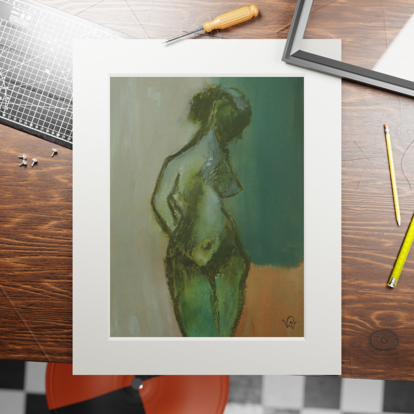 Figure Study Art Print with Passepartout Frame – Green Nude Fine Art Print