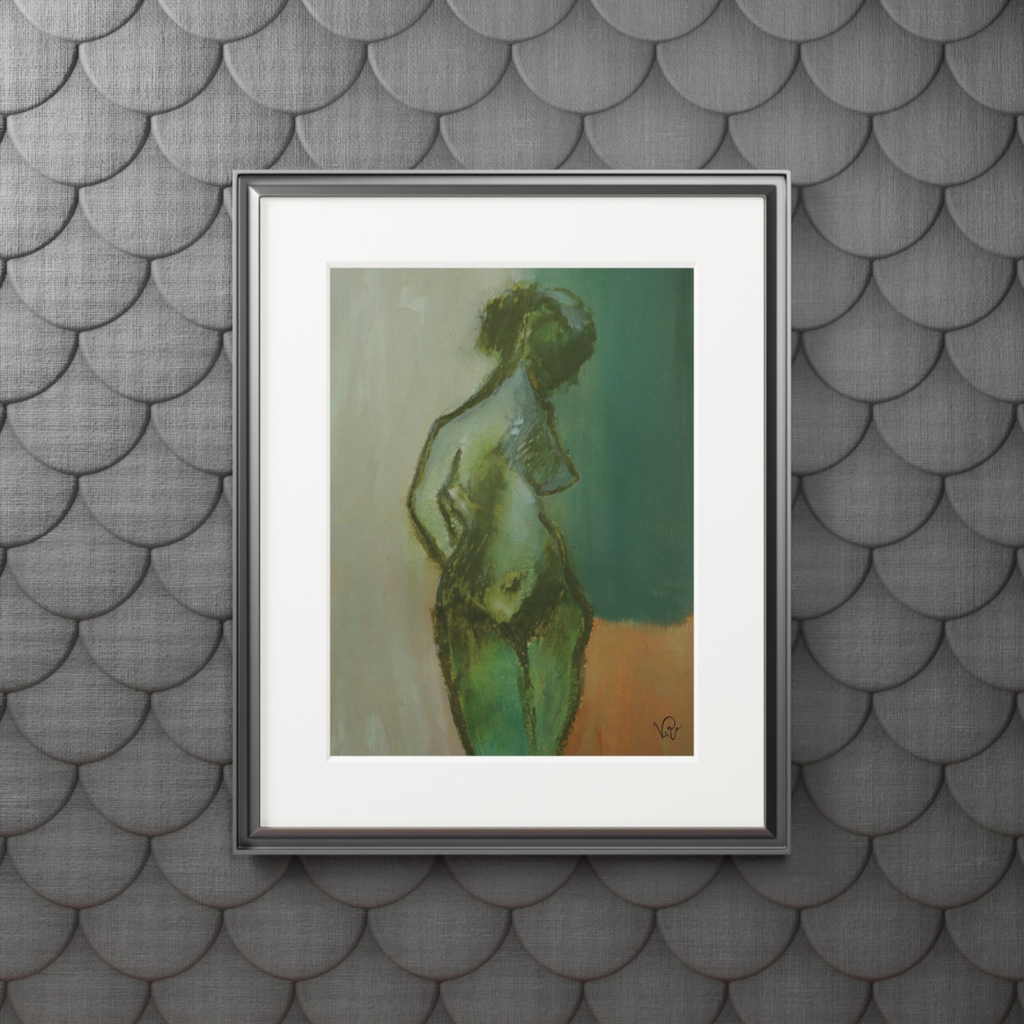 Figure Study Art Print with Passepartout Frame – Green Nude Fine Art Print