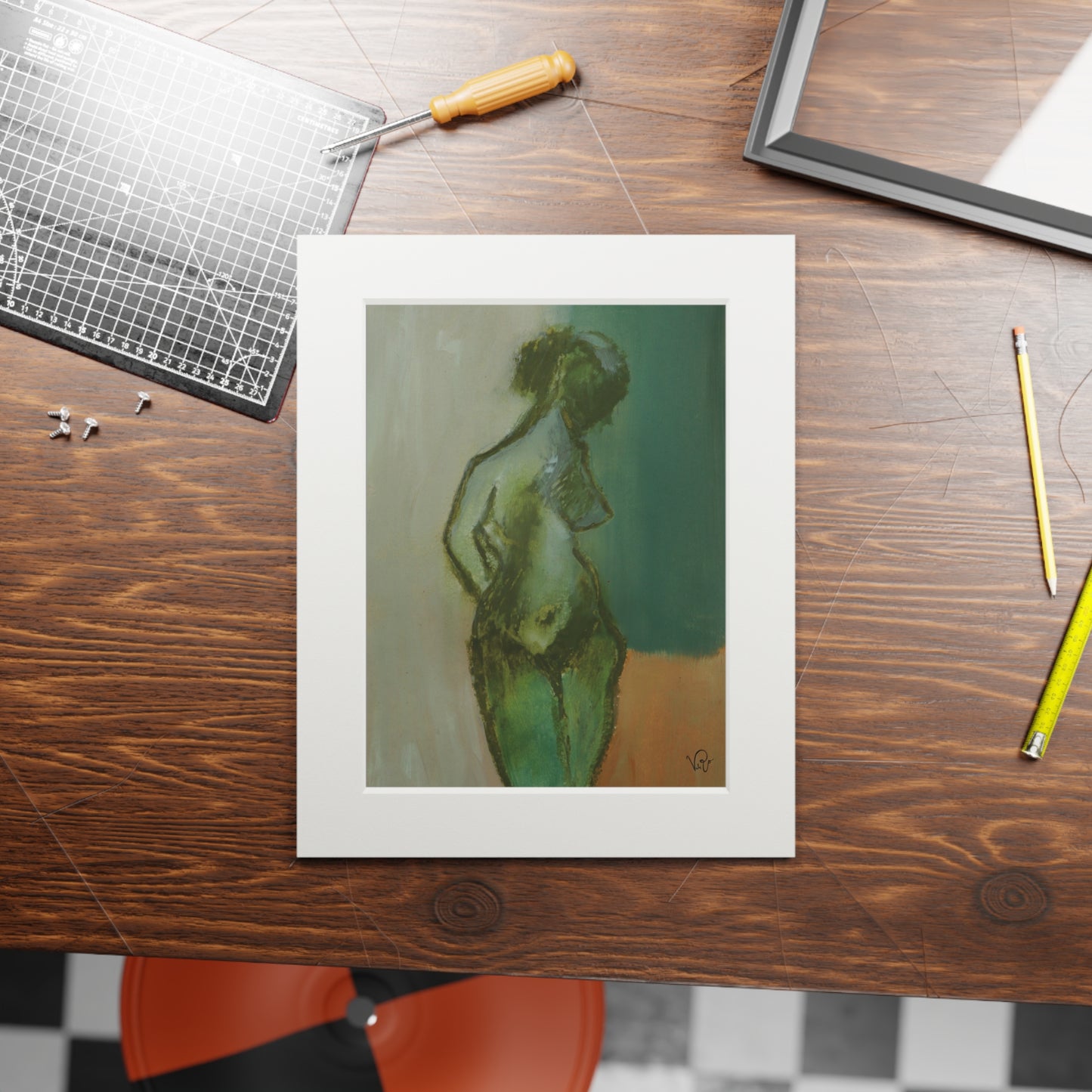 Figure Study Art Print with Passepartout Frame – Green Nude Fine Art Print