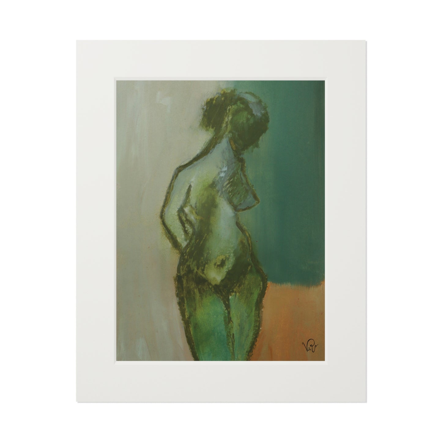 Figure Study Art Print with Passepartout Frame – Green Nude Fine Art Print